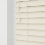 Cream faux wood venetian blinds with cords wooden grain effect