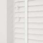 bright white faux wooden venetian blinds with tapes wood grain effect
