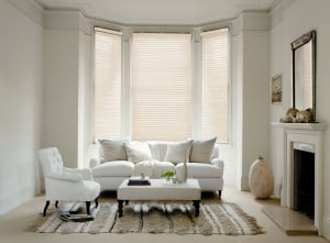 cream painted wood venetian blinds with cords