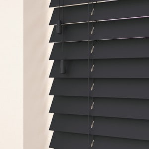 dark grey wood Venetian blinds with cords