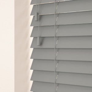 medium grey wooden Venetian blinds with cords
